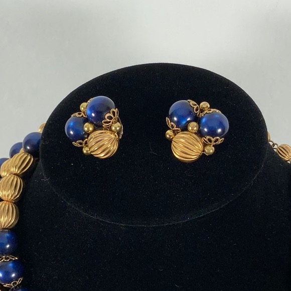 Vintage Bead Necklace Sapphire Blue Moon Glow and Gold - Clip Cluster Earrings - Picture 3 of 14